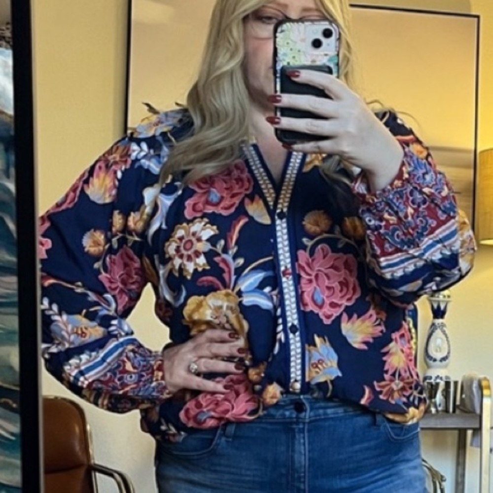 Soft Surroundings NWOT Navy blue Pink floral long sleeve sz XL button front